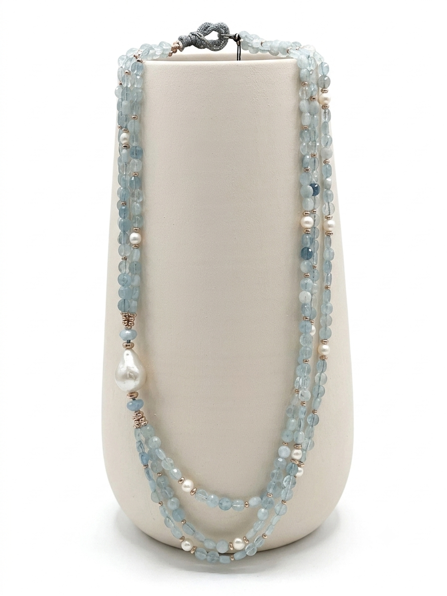 Gemmarium | Collana in Acquamarina, Perle ed Ematite | LUXACQC3F001