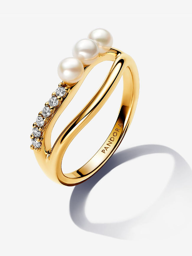 PANDORA ESSENCE | Anello Linea Sinuosa con Perle d’Acqua Dolce Coltivate e Pavè Placcatura in Oro 14k | 163258C01