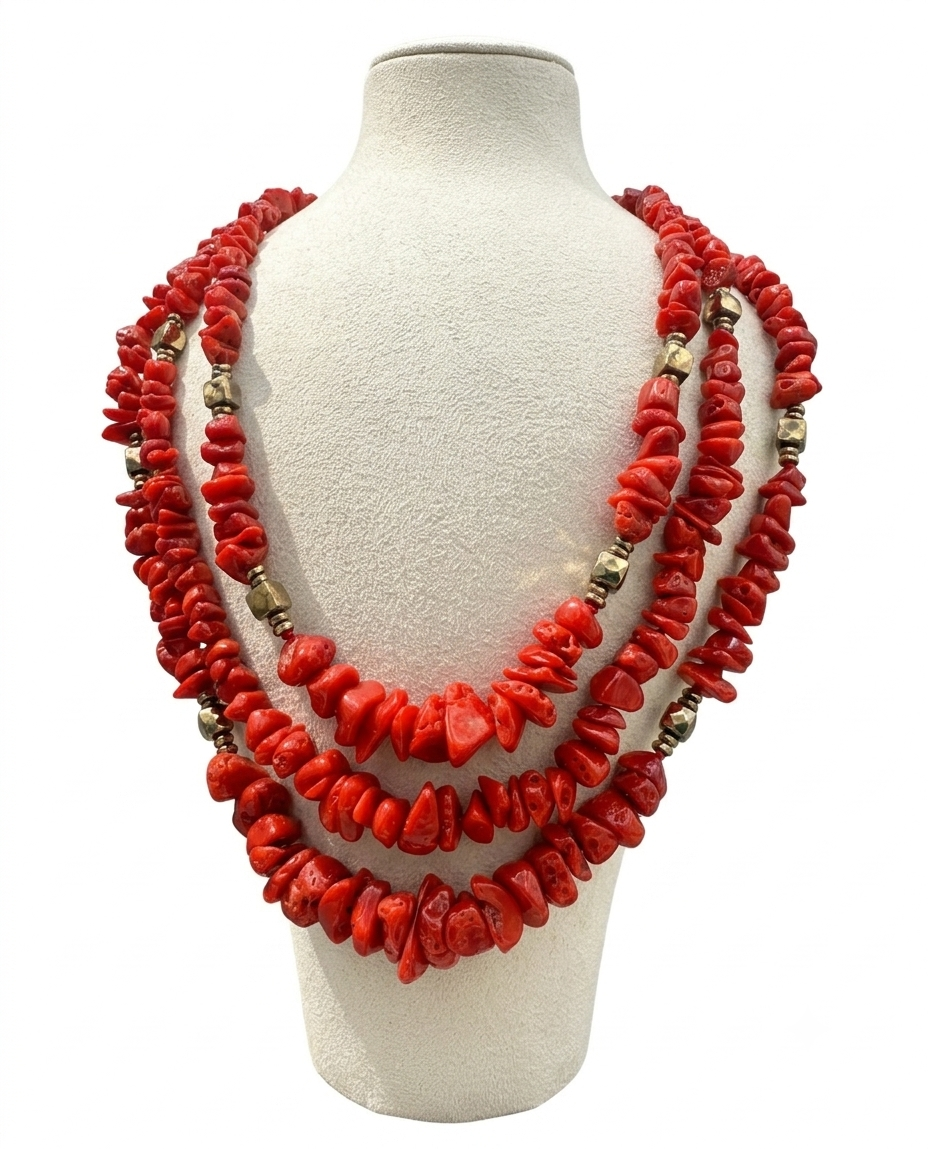 Gemmarium | Collana in Corallo Rosso Multifilo a Scaglie e Pirite | CORCOLL060/3F