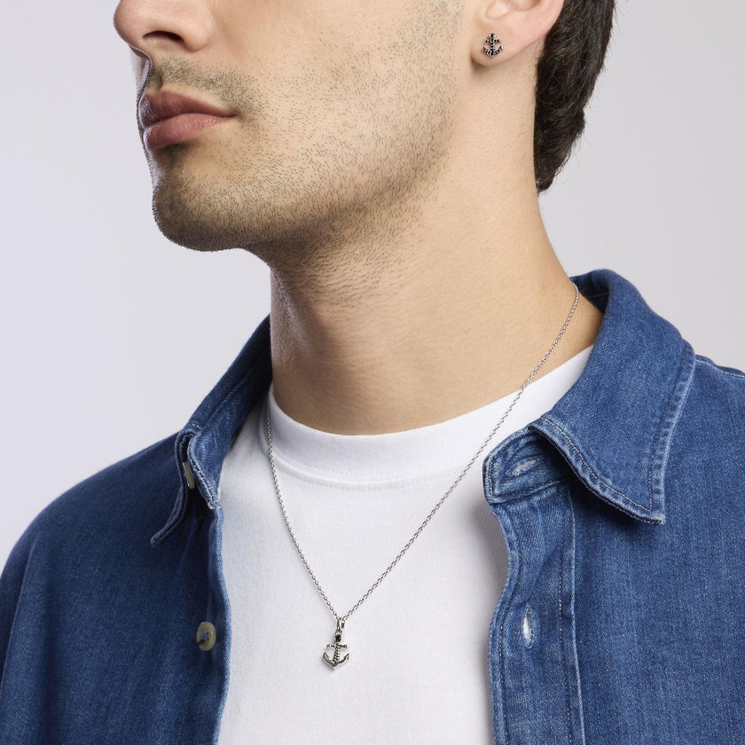Mabina | Collana da uomo in argento con ciondolo ancora e zircone nero NAVY RULE | 553638