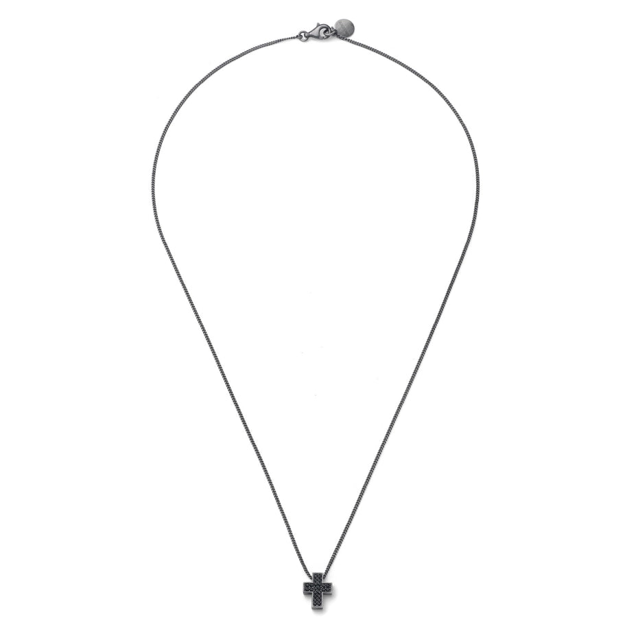 UNOAERRE UOMO | Collana in Argento Brunito con Croce e Pavé Nero | 6831