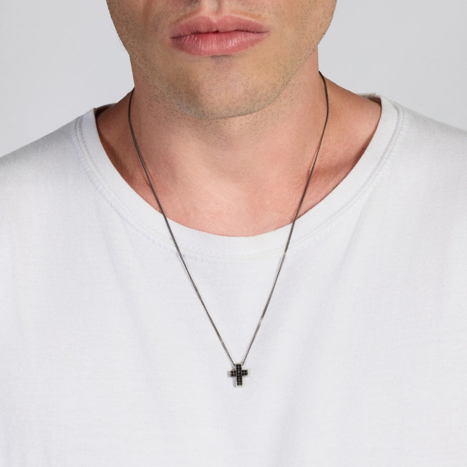 UNOAERRE UOMO | Collana in Argento Brunito con Croce e Pavé Nero | 6831