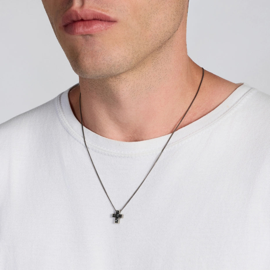 UNOAERRE UOMO | Collana in Argento Brunito con Croce e Pavé Nero | 6831