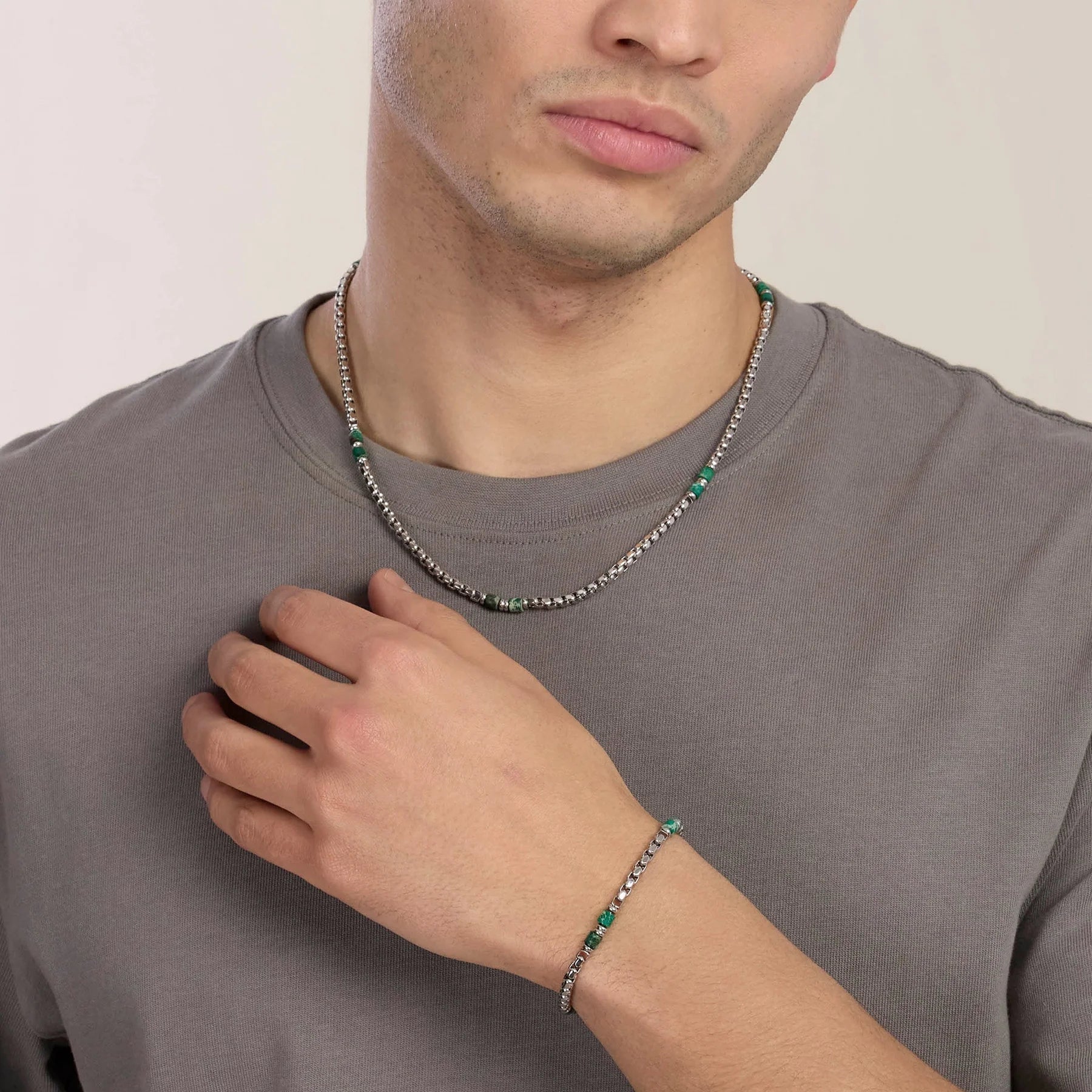 Kidult Style 03 | Bracciale con catena veneta e cilindri in diaspro verde | 831174