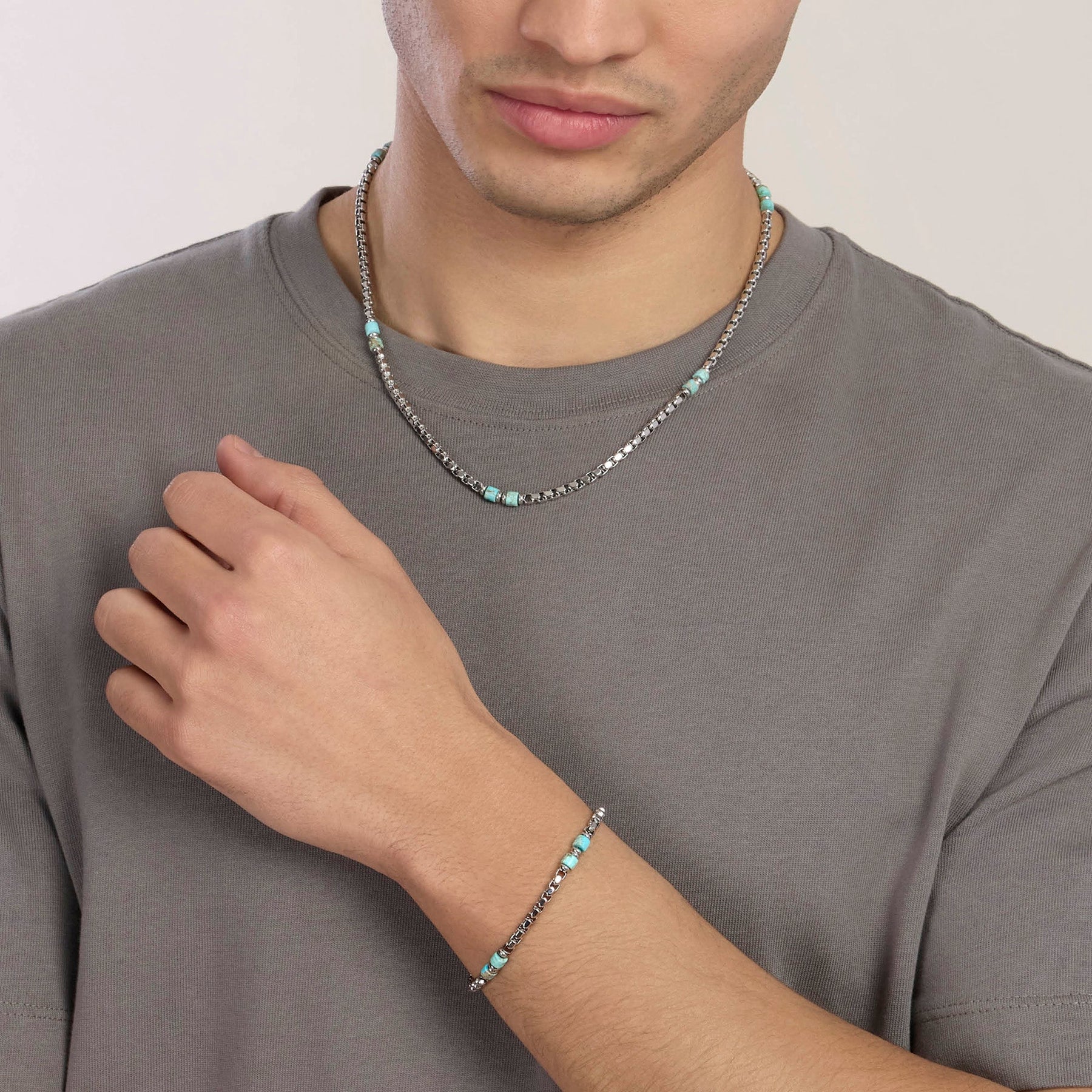 Kidult Style 03 | Bracciale con catena veneta e cilindri in diaspro azzurro | 831175
