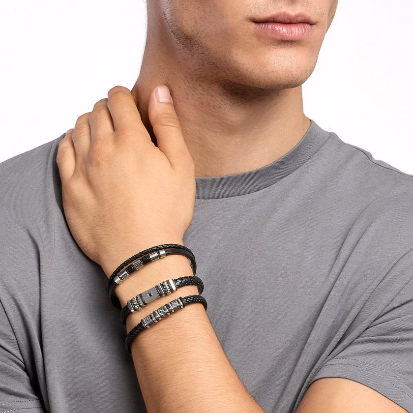 Kidult Style 52 | Bracciale in acciaio con lab-leather nera e inserti corda | 831290