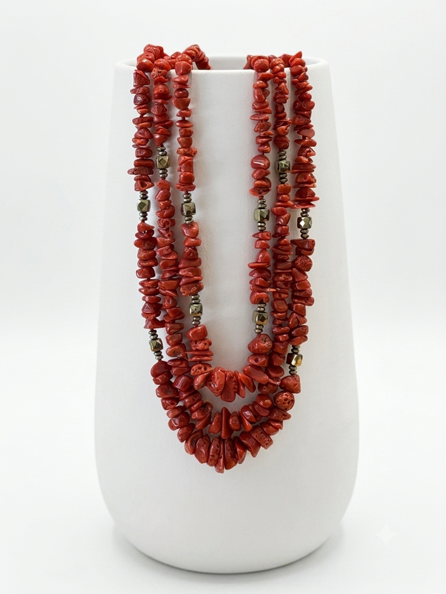 Gemmarium | Collana in Corallo Rosso Multifilo a Scaglie e Pirite | CORCOLL060/3F