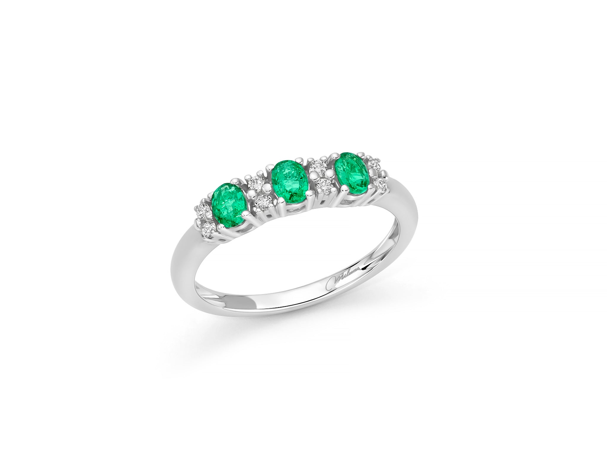 MILUNA | Anello trilogy con smeraldi ovali e diamanti in oro bianco | LID3757