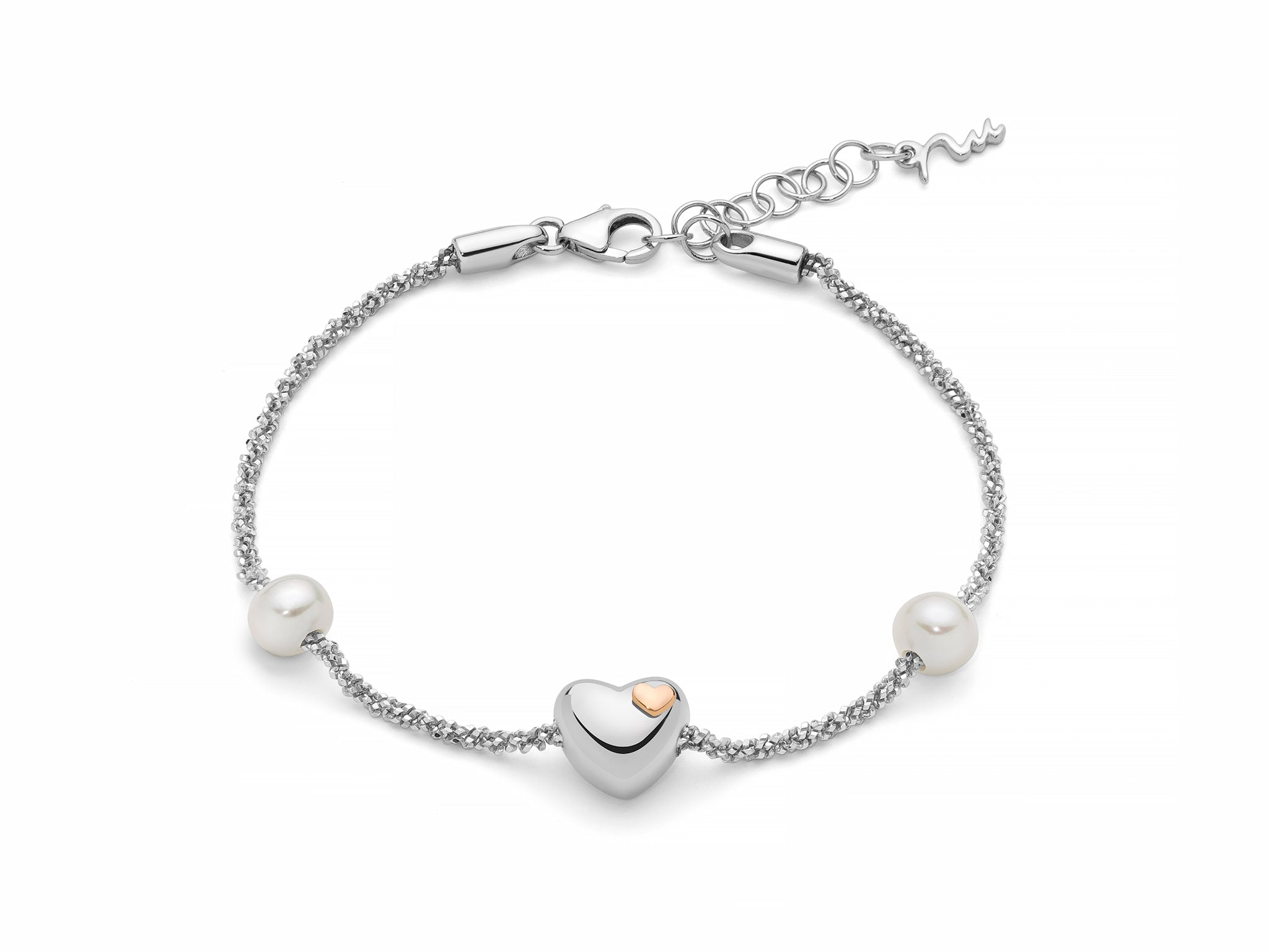 MILUNA | Bracciale in argento, due perle Oriente e cuore centrale | PBR3496