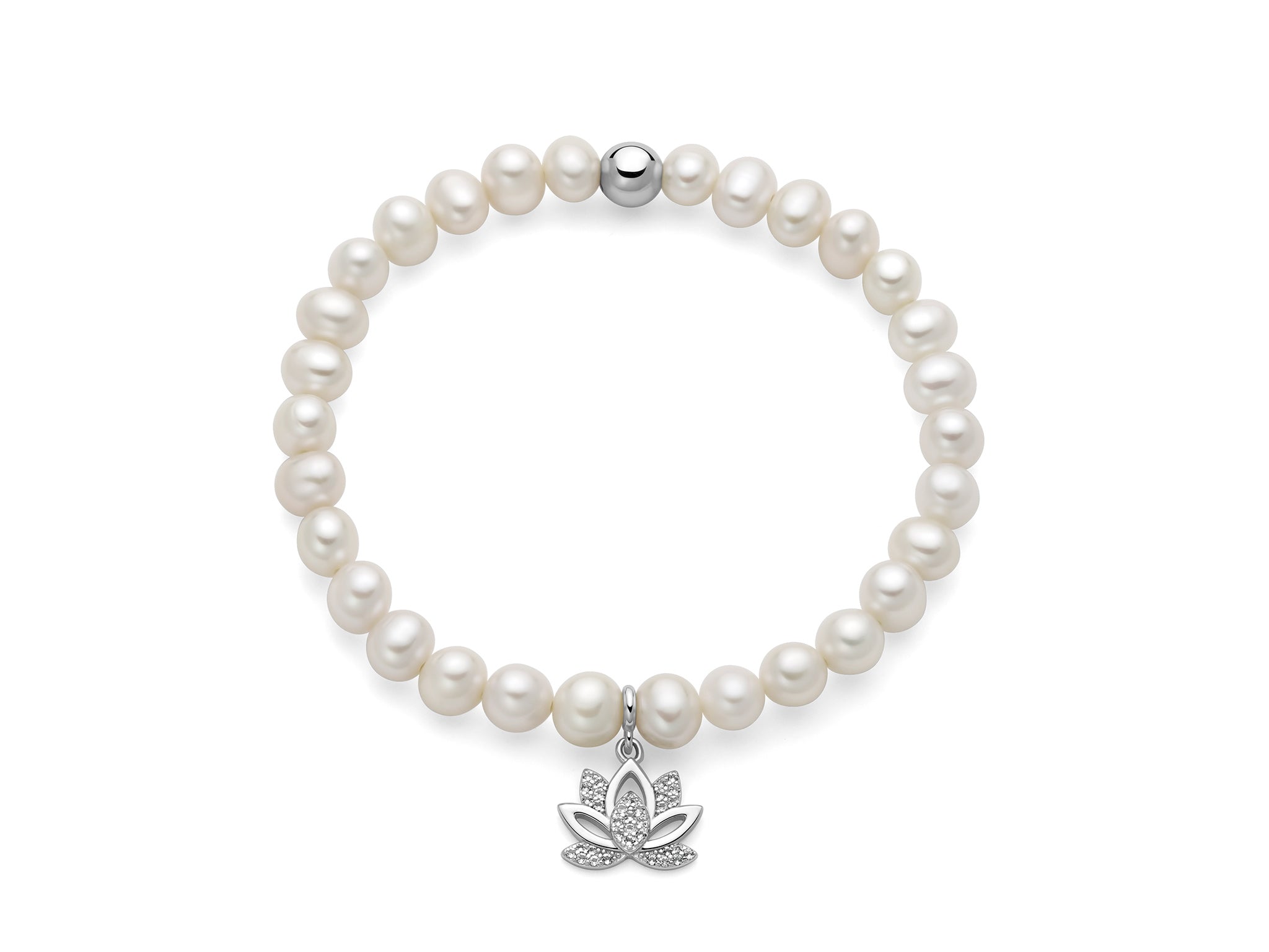 MILUNA | Bracciale di perle Oriente con elastico e dettaglio fiore di loto in argento | PBR3696