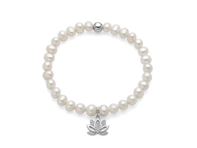 MILUNA | Bracciale di perle Oriente con elastico e dettaglio fiore di loto in argento | PBR3696