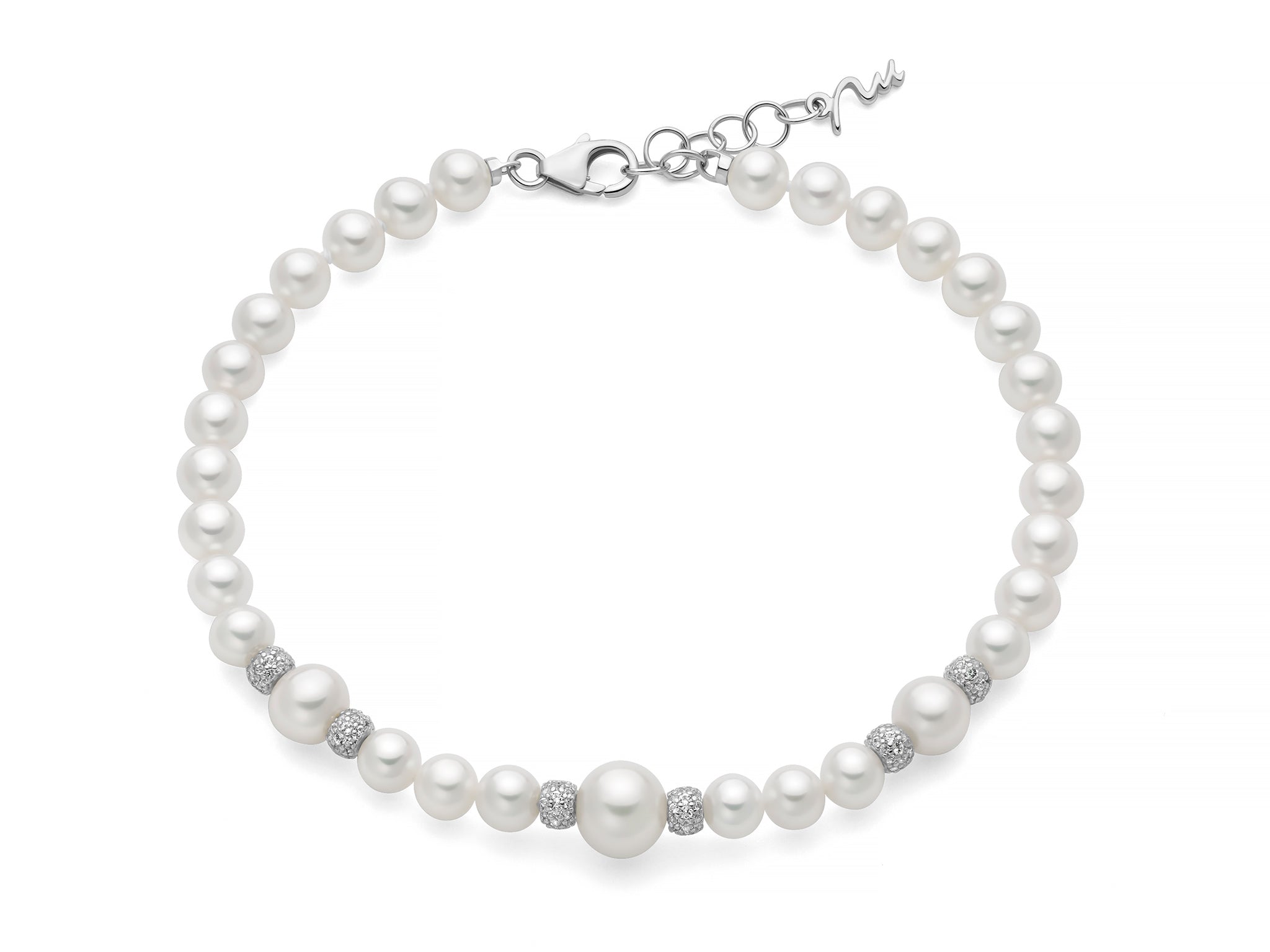 MILUNA | Bracciale di perle Oriente collezione Venere con sei boule in argento e topazi bianchi | PBR3805