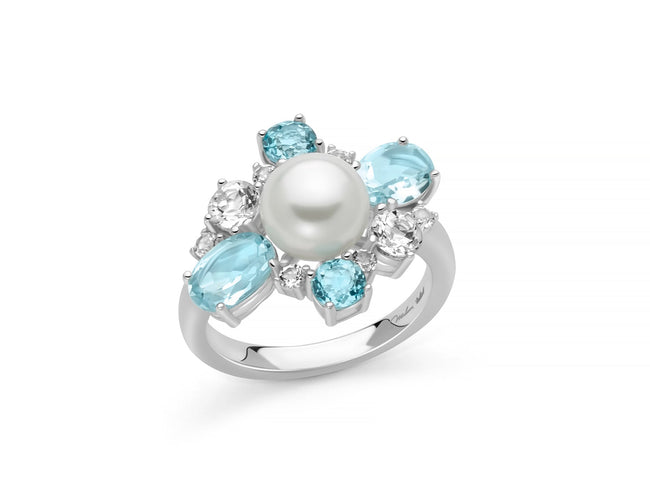 MILUNA | Anello Celestia con perla Oriente, quattro Gemma del Cielo e topazi bianchi | PLI1768