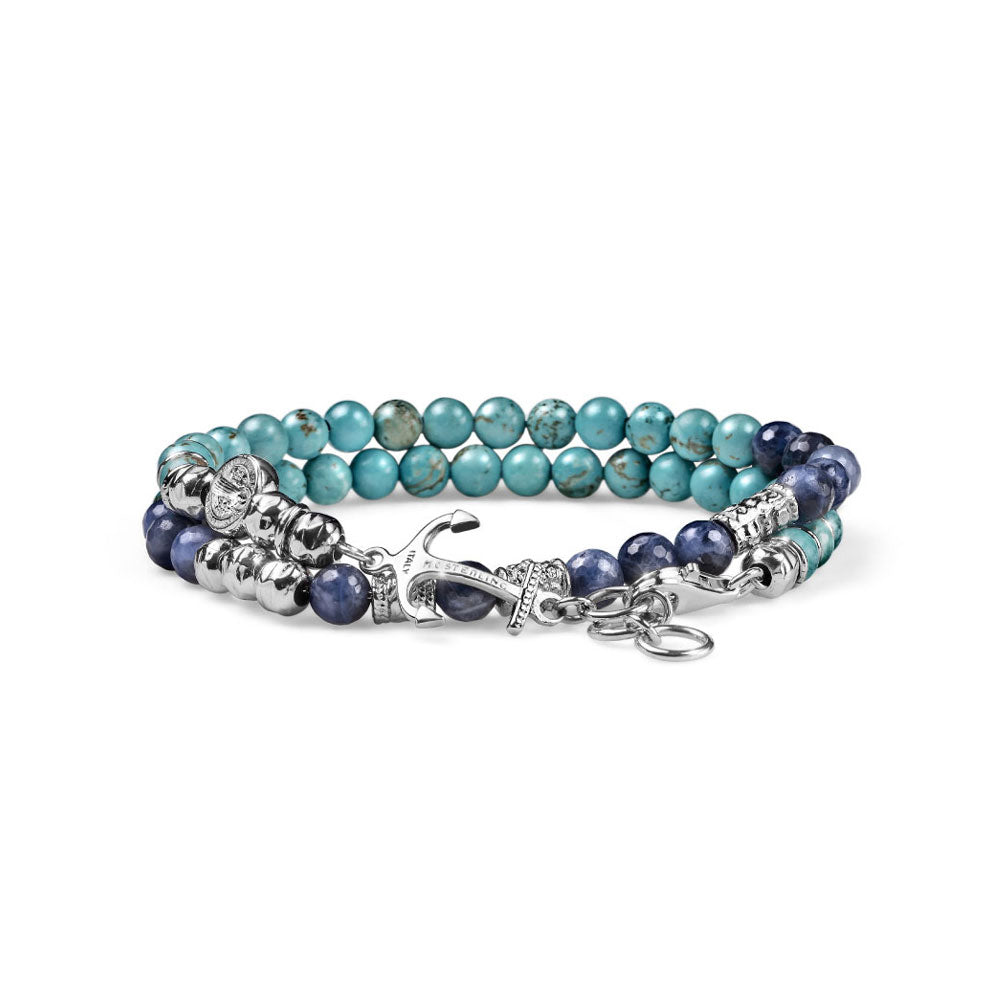 MARIA CRISTINA STERLING | BRACCIALE UOMO A DUE GIRI COLLEZIONE NEPTUNE ARGENTO SODALITE E AULITE CELESTE CIONDOLO ANCORA E MY SAINT | G2840