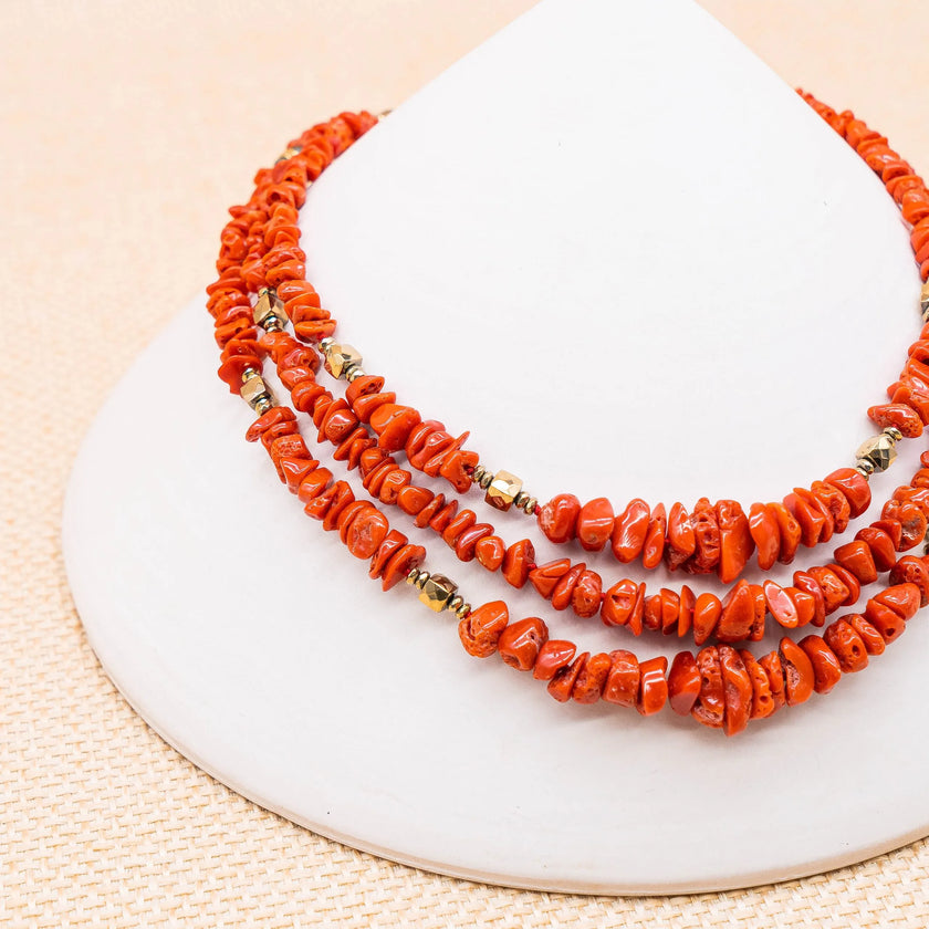 GEMMARIUM | Collana UNICA in Corallo Rosso, Pirite | CORCOLL060/3F