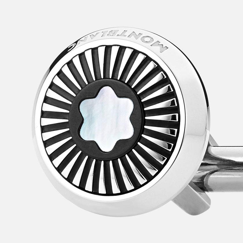 MONTBLANC | GEMELLI ROTONDI IN ACCIAIO PREGIATO CON MOTIVO A RAGGI ED EMBLEMA A FORMA DI VETTA INNEVATA IN MADREPERLA | MB123809